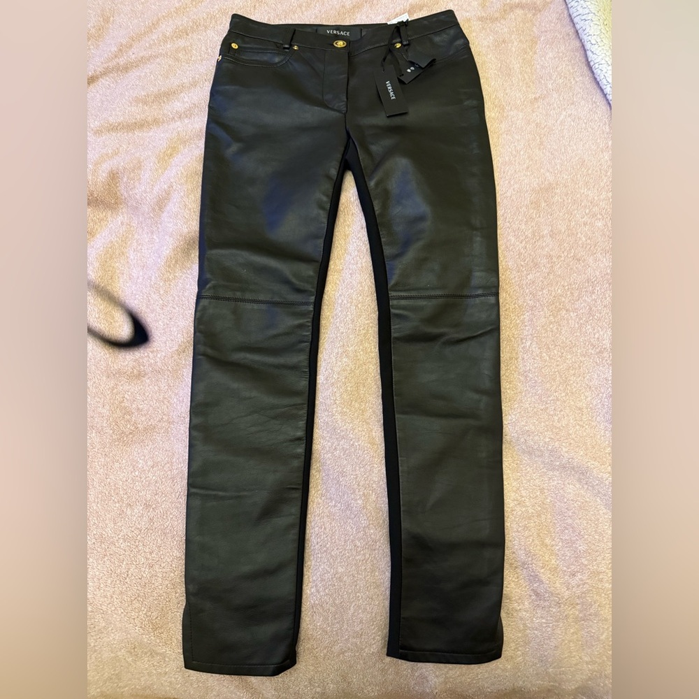 Versace Black Leather Trousers with Gold Accents